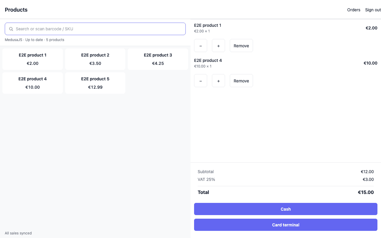 MedusaPOS on a desktop browser: the product grid, a cart with VAT, and Cash and Card terminal buttons