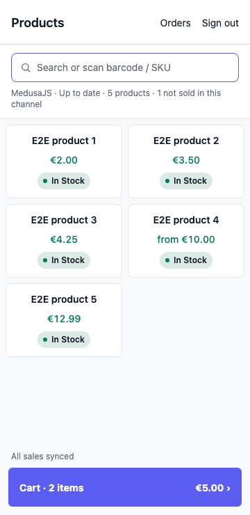 MedusaPOS on a phone: the product grid with stock badges and the cart bar